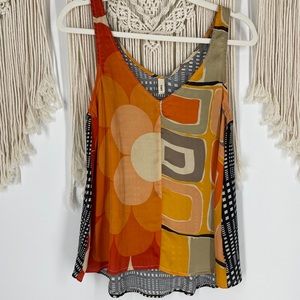 Tiny Brand Anthro colorful Print Silky V-Neck Tank Sleeveless Retro fits Sz. S-M